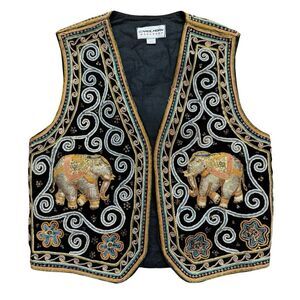 Vintage Carol Horn Workshop Beaded Elephant Vest Black Velvet M-L Festival Boho
